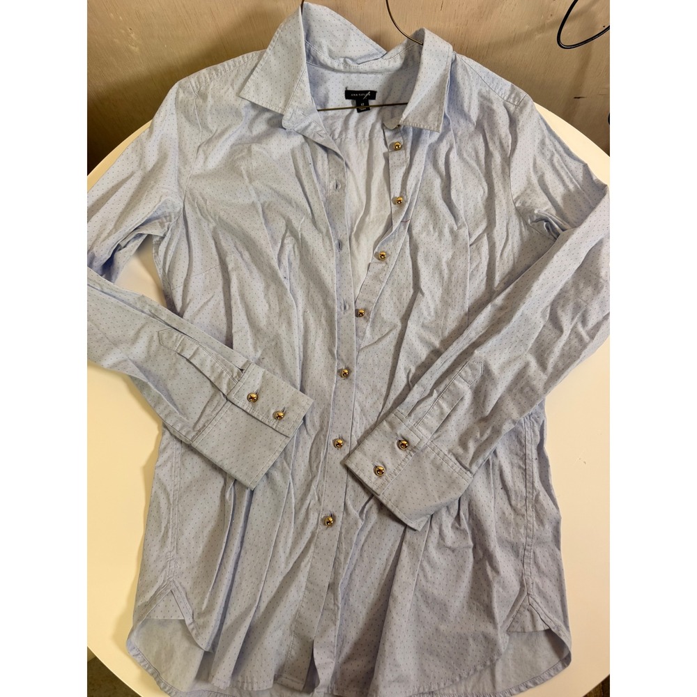 Ann Taylor Button Down Shirt Women Size 12 Light Blue Excellent Gold Buttons Dot